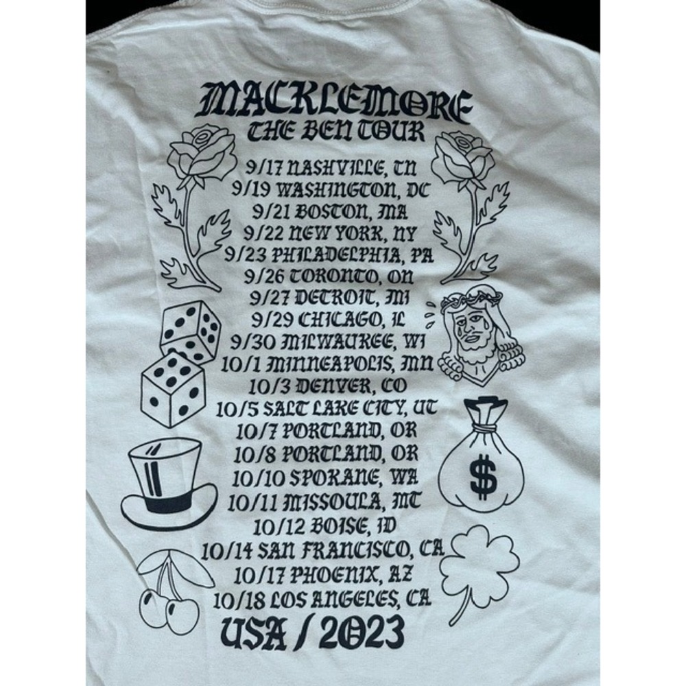Macklemore The Ben Tour 2023 Concert T-Shirt White Large USA Tour Dates Graphic